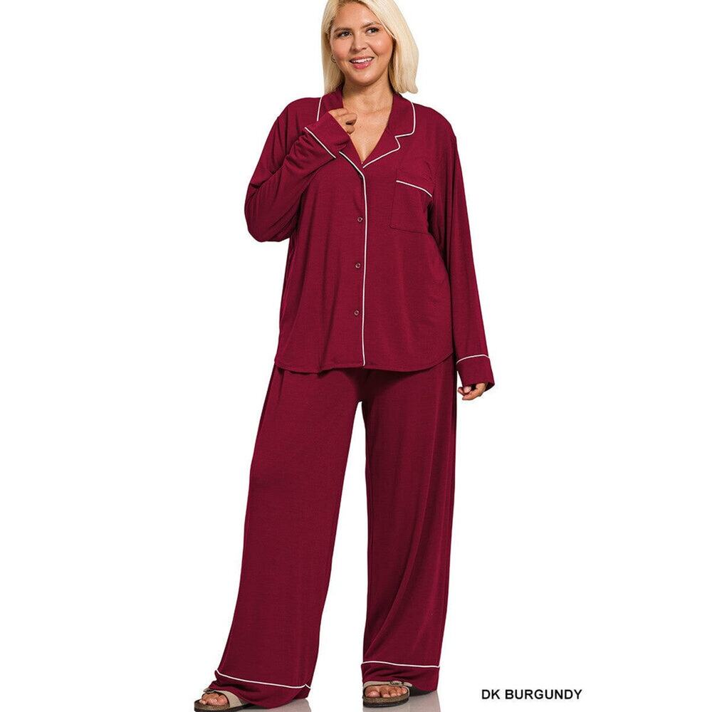 CH6 Button Down Long Sleeve Super Soft Shirt & Pant Pajama Set - Burgundy